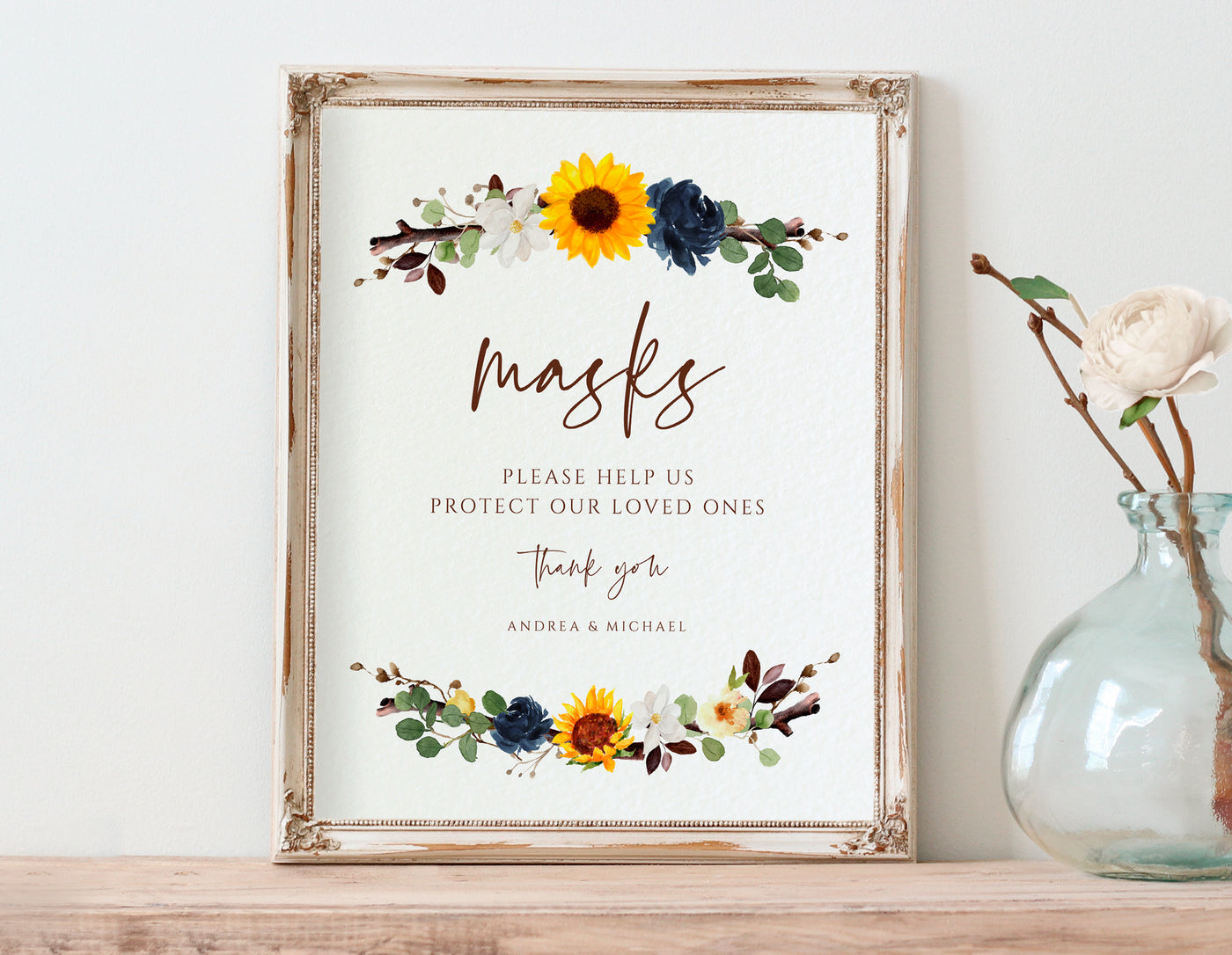 Social Distancing Take a Mask Sign Template | Fall Sunflowers Branch | Templett 8x10 & 5x7