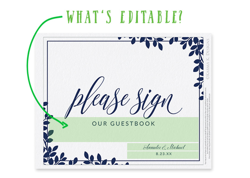 Wedding Guestbook Sign PDF | 8 x 10 | Leaf Frame (Navy Blue)