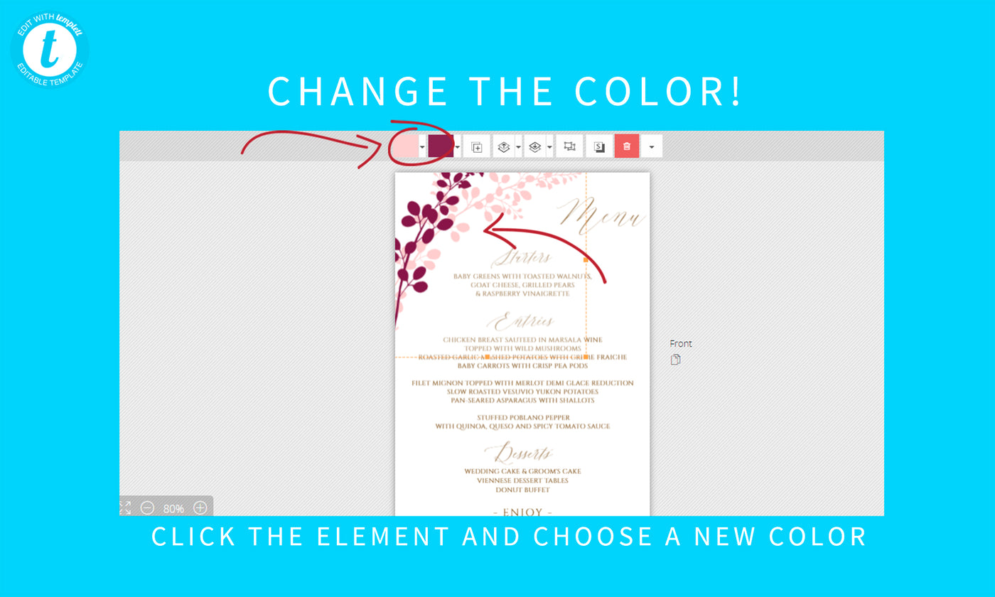 Wedding Menus Template | Exquisite Vines 5 x 7 | Editable Color | Templett
