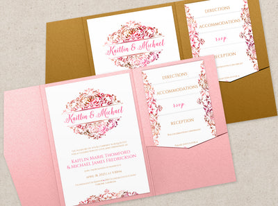 Pink & Gold Wedding Pocket Invitations