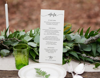 Editable Color Wedding Menu Template  | Flair Calligraphy (Tall)| Templett - 4x9.25