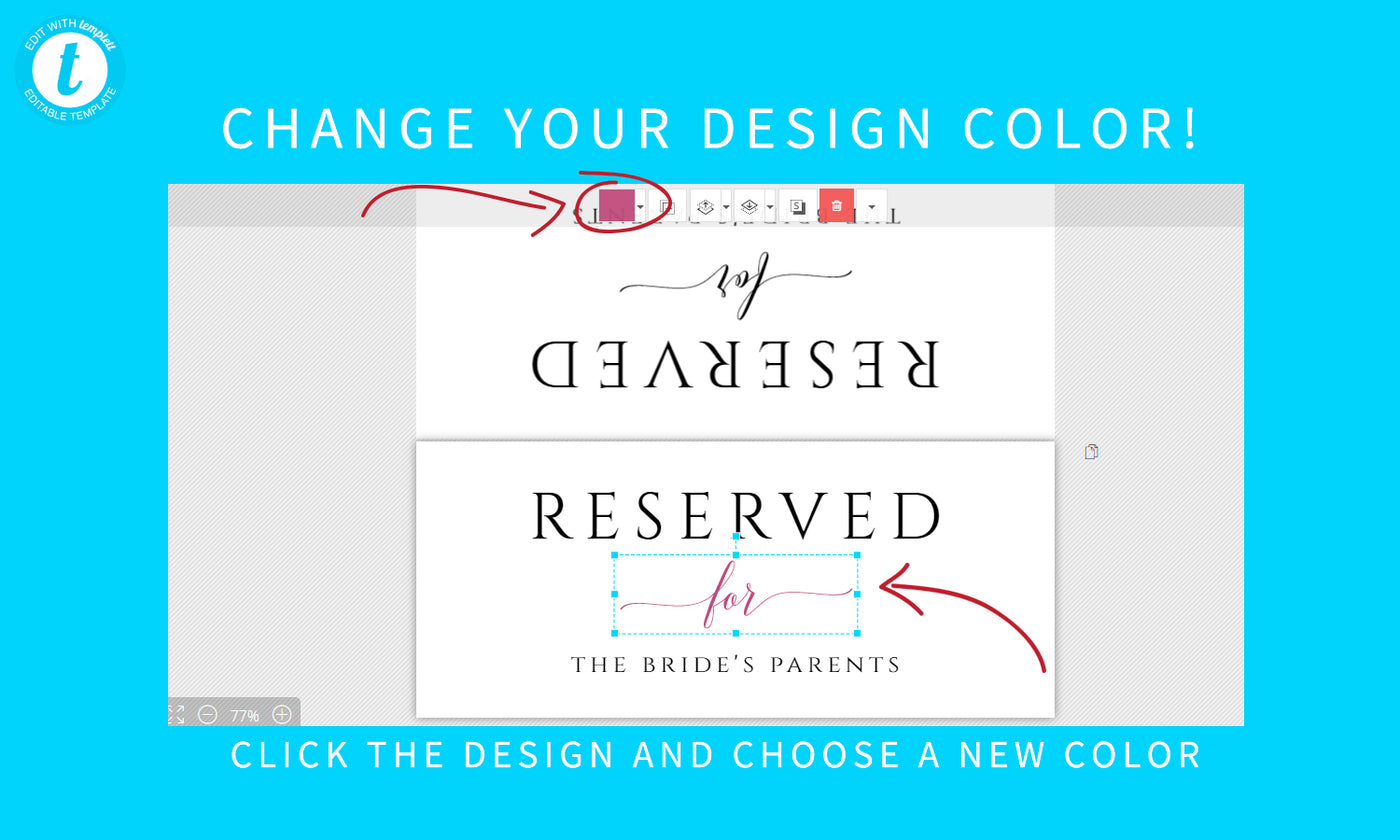 Printable Reserved Sign Tent | Romantic Calligraphy | Large (Editable Color ) - Templett