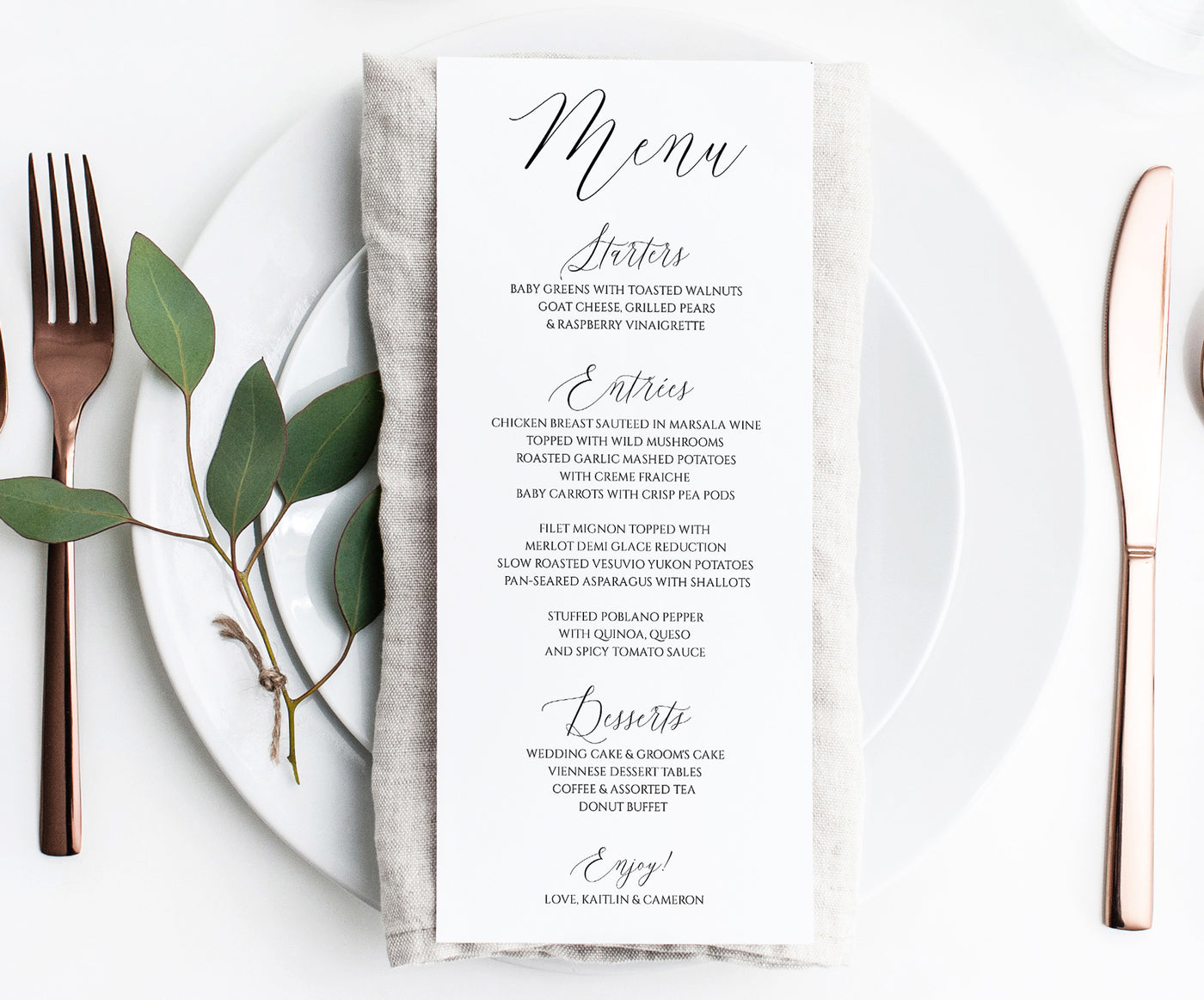 Editable Color Wedding Menu Template  | Modern Calligraphy (Tall) | Templett - 4x9.25