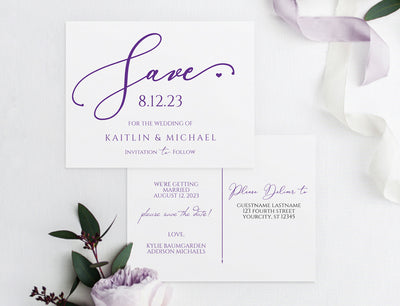 Save-the-Date Postcard Template | Cherish Calligraphy (Violet) | Editable Text PDF