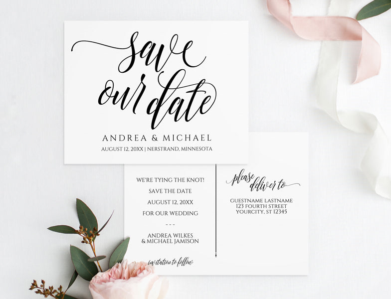 Luxe Calligraphy Save-the-Date Printable Template - (Editable PDF) 5.5 x 4.25
