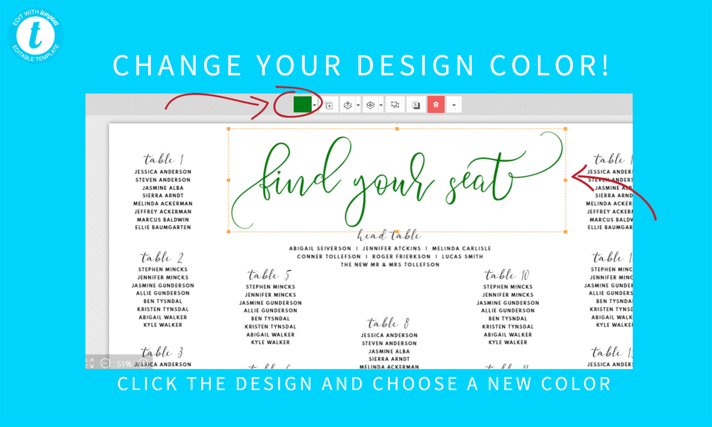 Editable Color Seating Chart Poster | Bounce Calligraphy - 24x36, 18x24 | Templett