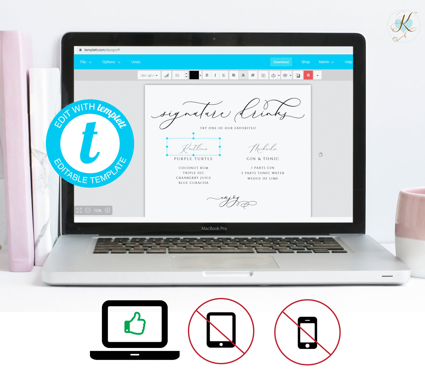 Signature Drinks Sign Template | Romantic Elegant | Templett | 8 x 10