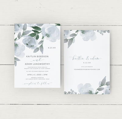 Wedding Invitation Template | 5 x 7 | Soft Dusty Blue & Gray Watercolor Bouquet | Editable PDF