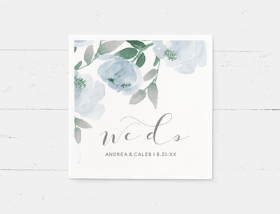Wedding Reception Cocktail Napkins | Soft Dusty Blue Watercolor Bouquet | Custom Printed