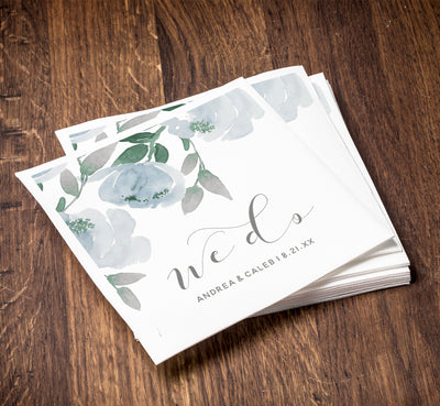 Wedding Reception Cocktail Napkins | Soft Dusty Blue Watercolor Bouquet | Custom Printed