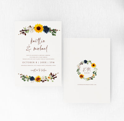 Rustic Sunflower Branch Wedding Invitation Template Suite Set | 5 x 7 | Fall / Autumn | Templett