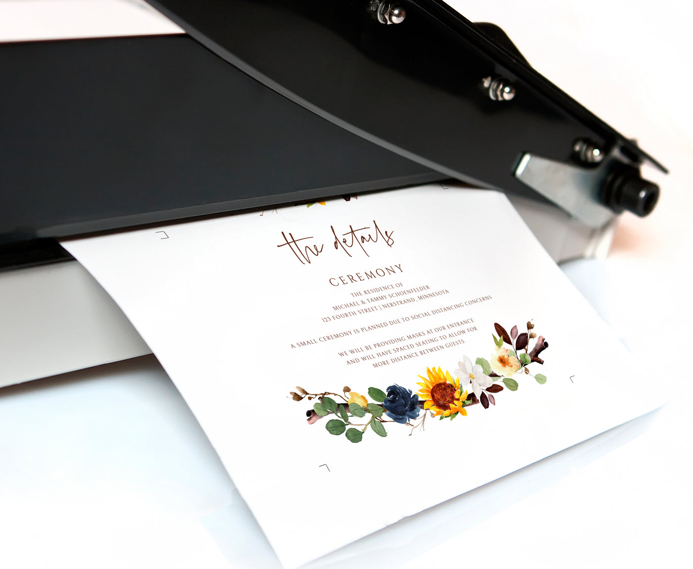 Rustic Sunflower Branch Wedding Details Card Template - Fall / Autumn 5.5 x 4.25 | Templett