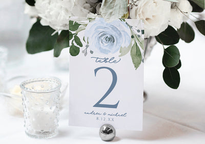 Dusty Blue Watercolor Printable Table Numbers | Editable Template | Bridal Bouquet 4 x 6 | Templett