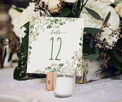 Table Number Tents Template | Chic Greenery | Editable PDF