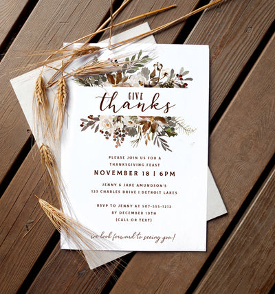 Autumn Pines Watercolor Invitation Template | 5 x 7 | Thanksgiving Feast | Editable PDF
