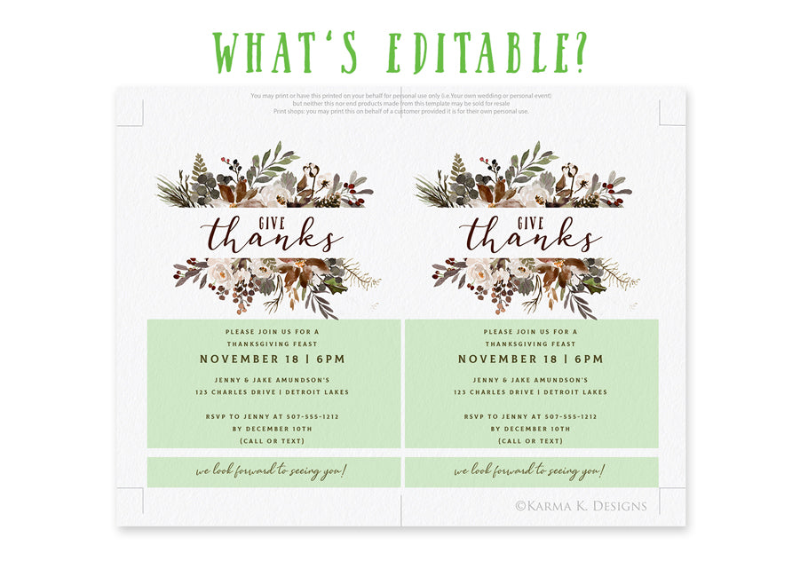 Autumn Pines Watercolor Invitation Template | 5 x 7 | Thanksgiving Feast | Editable PDF