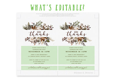 Autumn Pines Watercolor Invitation Template | 5 x 7 | Thanksgiving Feast | Editable PDF