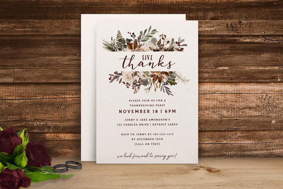 Autumn Pines Watercolor Invitation Template | 5 x 7 | Thanksgiving Feast | Editable PDF