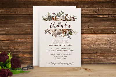 Autumn Pines Watercolor Invitation Template | 5 x 7 | Thanksgiving Feast | Editable PDF