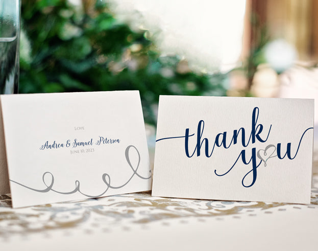 Printable Thank You Cards | Love Script (Navy & Silver) | Foldover