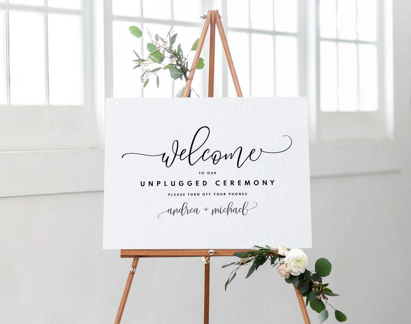 Unplugged Wedding Welcome Sign Poster | Bounce Calligraphy (Editable Color!) | Templett