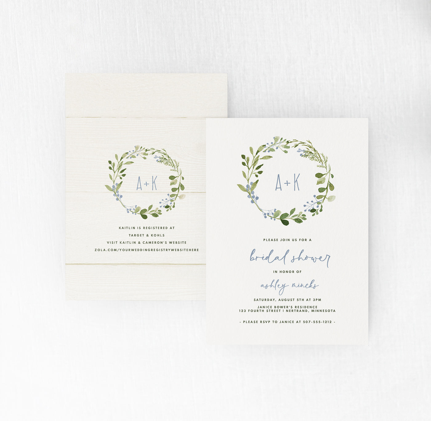 Bridal Shower Invitations Template | 5 x 7 | Rustic Eucalyptus Wreath Buds (Dusty Blue) | Templett