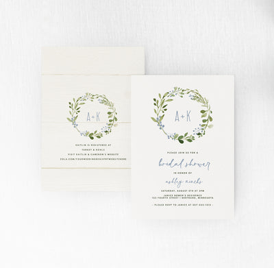 Bridal Shower Invitations Template | 5 x 7 | Rustic Eucalyptus Wreath Buds (Dusty Blue) | Templett