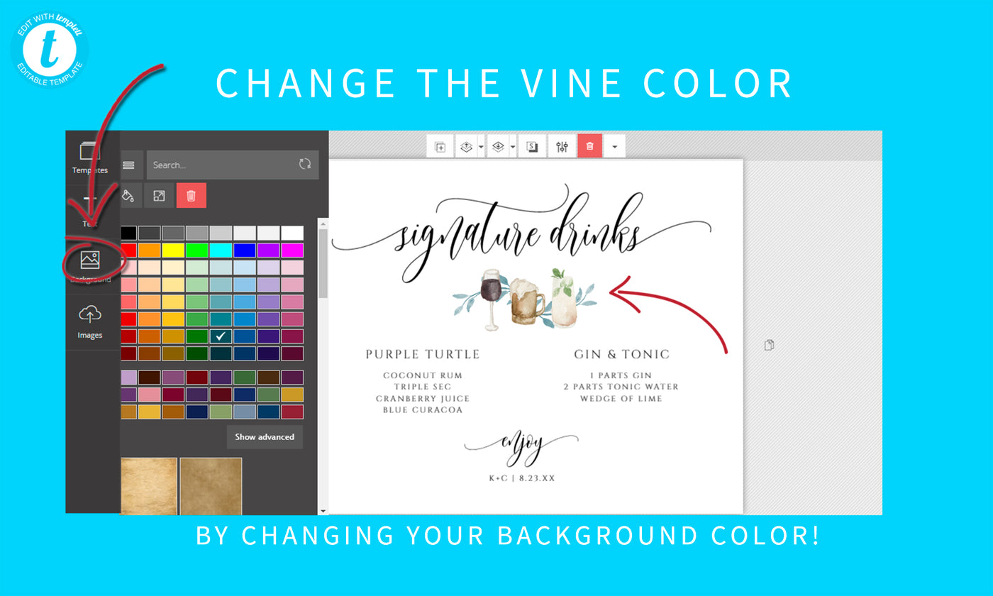 Copy of Signature Drinks Wedding Sign Template V2 | Flair Calligraphy 8x10 | Editable Color Templett