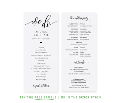 We Do Wedding Program Template | Flair Calligraphy | Editable Templett | Tea-Length