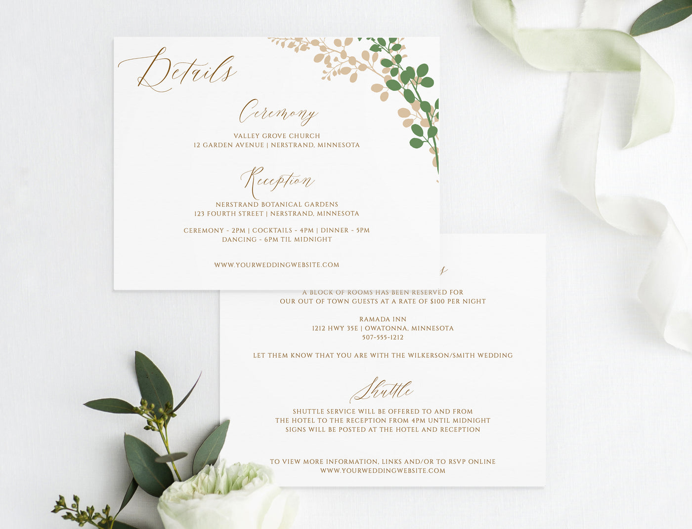 Wedding Invitation Template Suite Set | 5 x 7 | Exquisite Vines - Editable Color | Templett