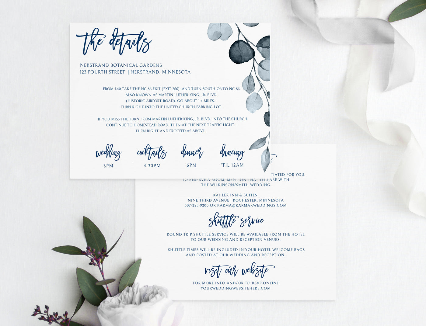 wedding details card template - navy blue