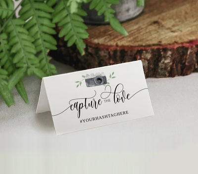 Wedding Hashtag Small Tent Sign | Watercolor Camera Flair Capture the Love | Templett PDF