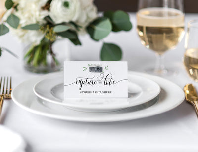 Wedding Hashtag Small Tent Sign | Watercolor Camera Flair Capture the Love | Templett PDF