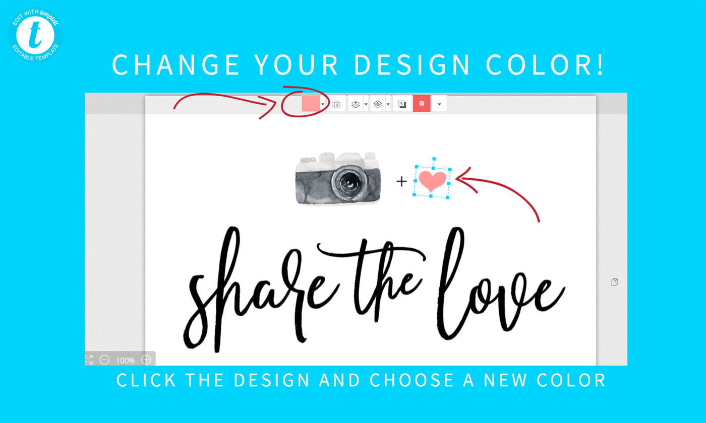 Wedding Hashtag Sign | Watercolor Camera Design - Share the Love | Festive Brush Script (Watercolor Camera Design) | Templett 8x10 | 5x7 | 4x6