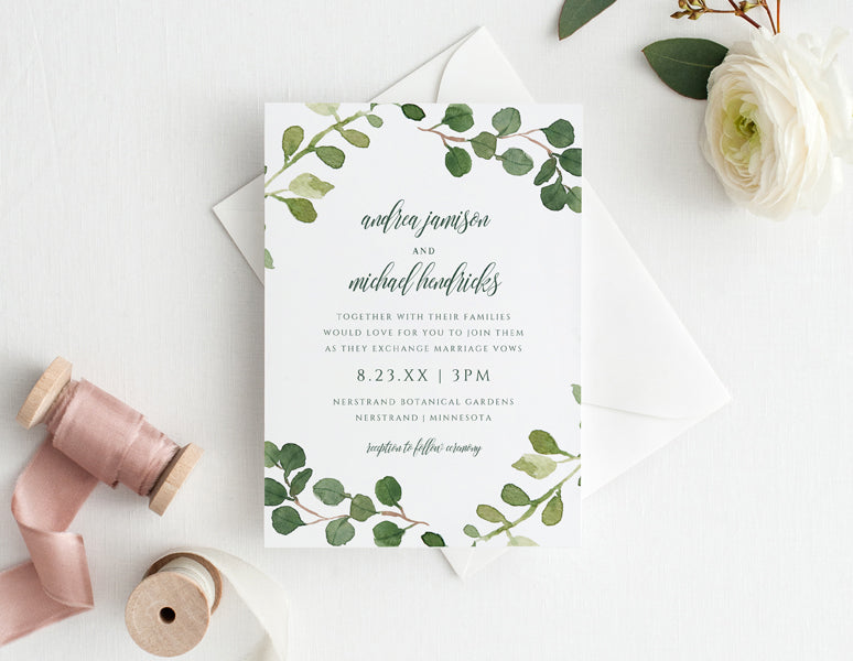 Wedding Invitation Template | 5 x 7 | Eucalyptus Leaves | Editable PDF