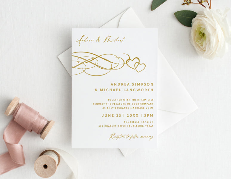 Gold Hearts Wedding Invitations Printable