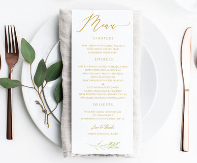 Elegant Calligraphy Wedding Menu Template with Greenery