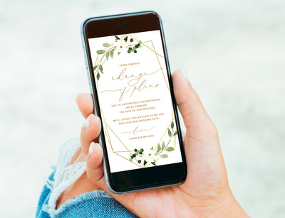 Wedding Postponement Change of Plans Text Message Image | Geometric Greenery - Templett