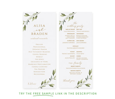Wedding Program Template | Ethereal Greenery | Editable Templett | Tea-Length
