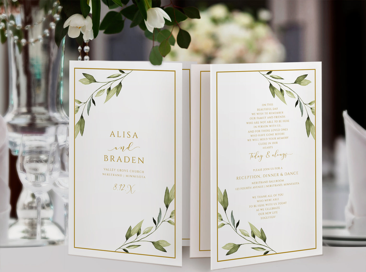 Boho Wedding Program Template | Ethereal Greenery & Gold | Templett | Foldover