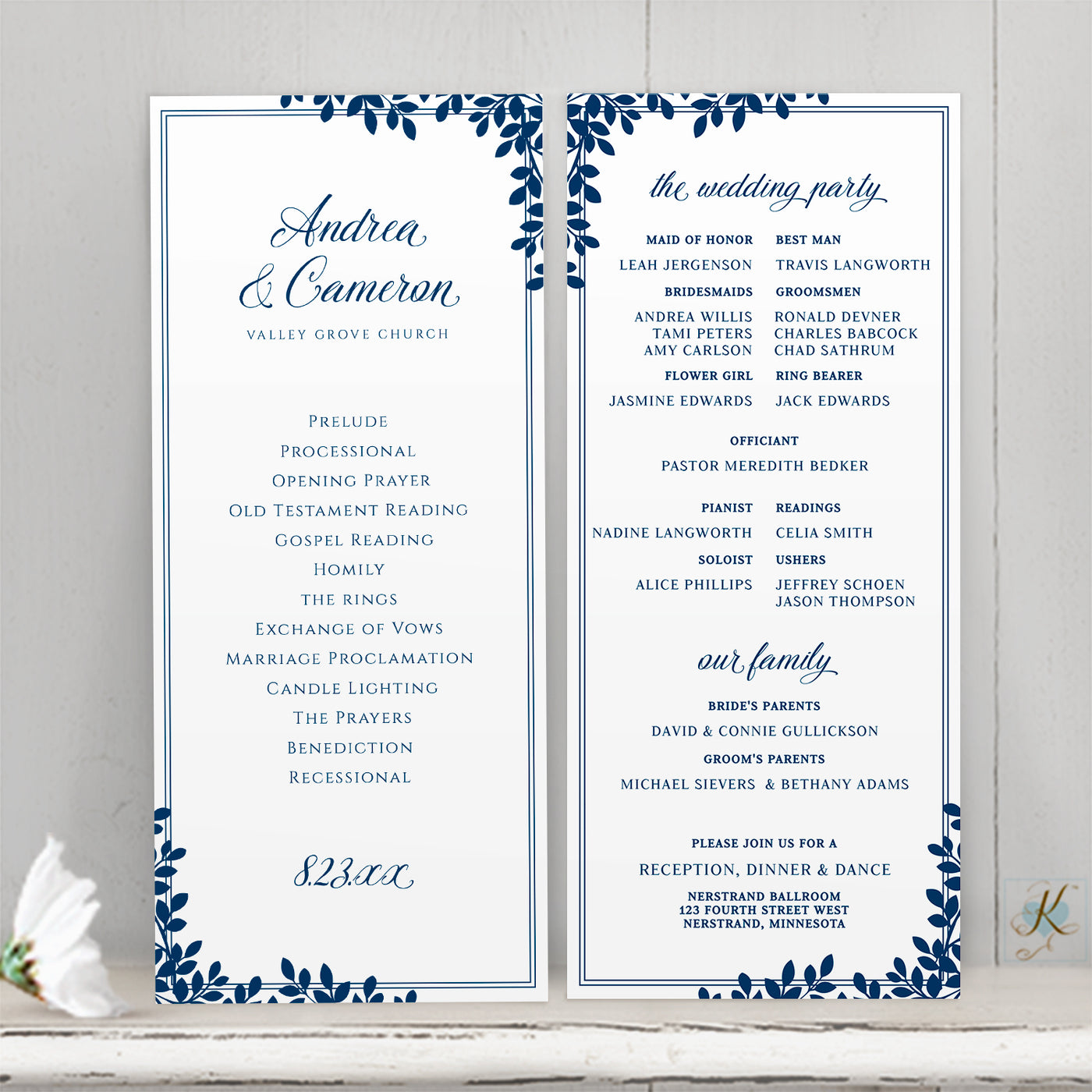 Vineyard or Winery Wedding Program Template | Tea-Length | Leaf Frame (Navy Blue) | Edit Online in Templett