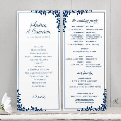 Vineyard or Winery Wedding Program Template | Tea-Length | Leaf Frame (Navy Blue) | Edit Online in Templett
