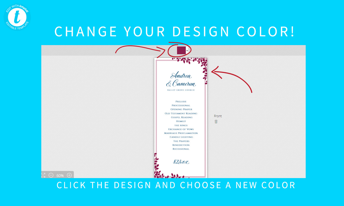 Vineyard or Winery Wedding Program Template | Tea-Length | Leaf Frame (Navy Blue) | Edit Online in Templett