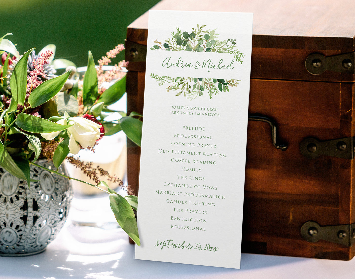 Wedding Program Template | Tea-Length | Romantic Watercolor Greenery | Templett