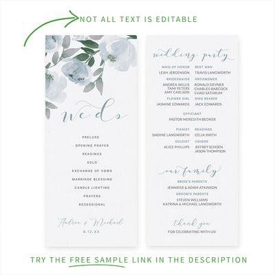 Wedding Programs Template | Soft Dusty Blue Watercolor Bouquet | Templett | Tea-Length