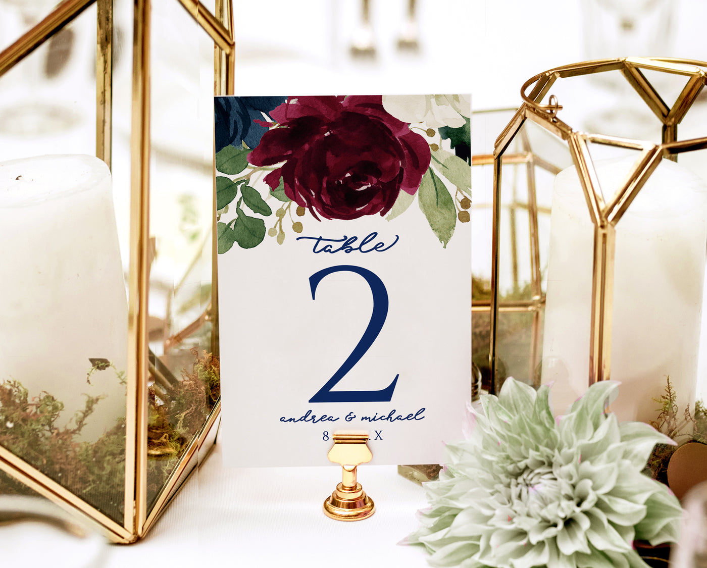 Navy & Burgundy Watercolor Printable Table Numbers | Editable Template | Bridal Bouquet 4 x 6 | Templett