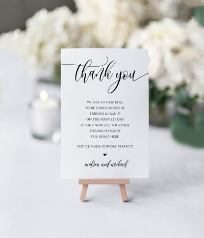 thank you card for wedding tables