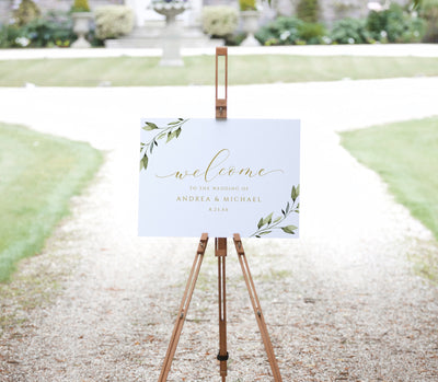 wedding welcome sign - greenery gold