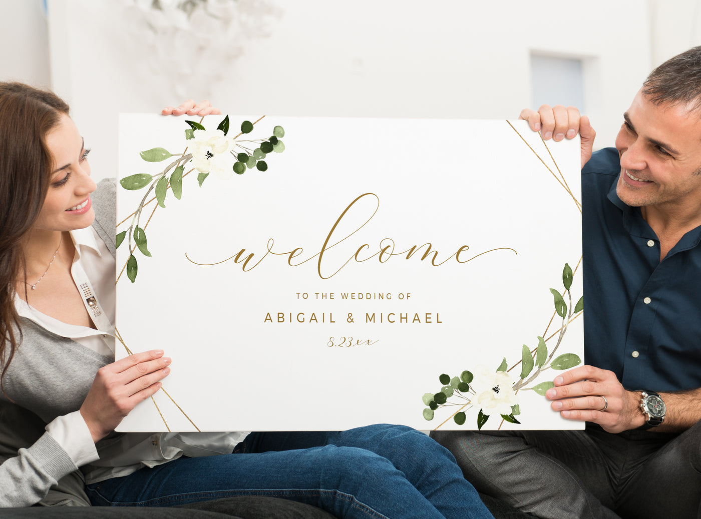 Geometric Greenery Wedding Welcome Sign | Engagement Welcome | Templett 24x36