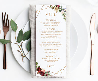 Menu Template | Burgundy Winter Geometric |  4 x 9.25 (Tall) | Edit Online in Templett